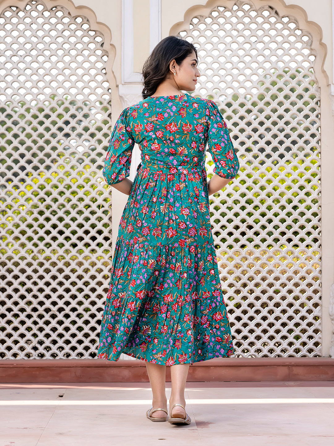 Jaitpuriya Women Turquoise Gathered or Pleated Maxi Dresses