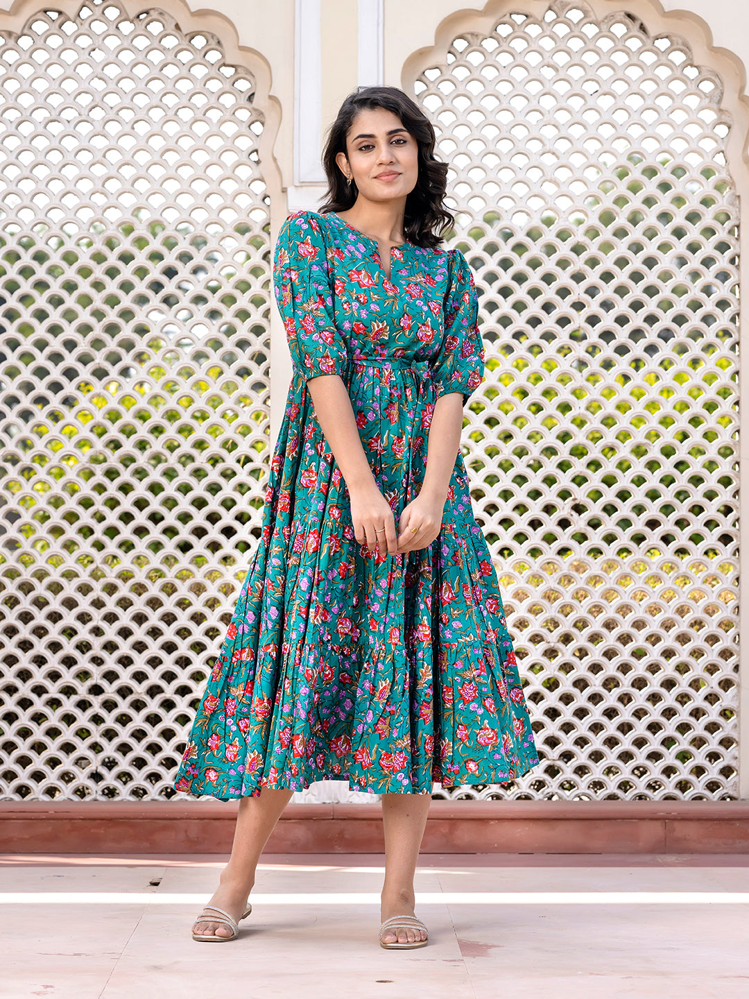 Jaitpuriya Women Turquoise Gathered or Pleated Maxi Dresses