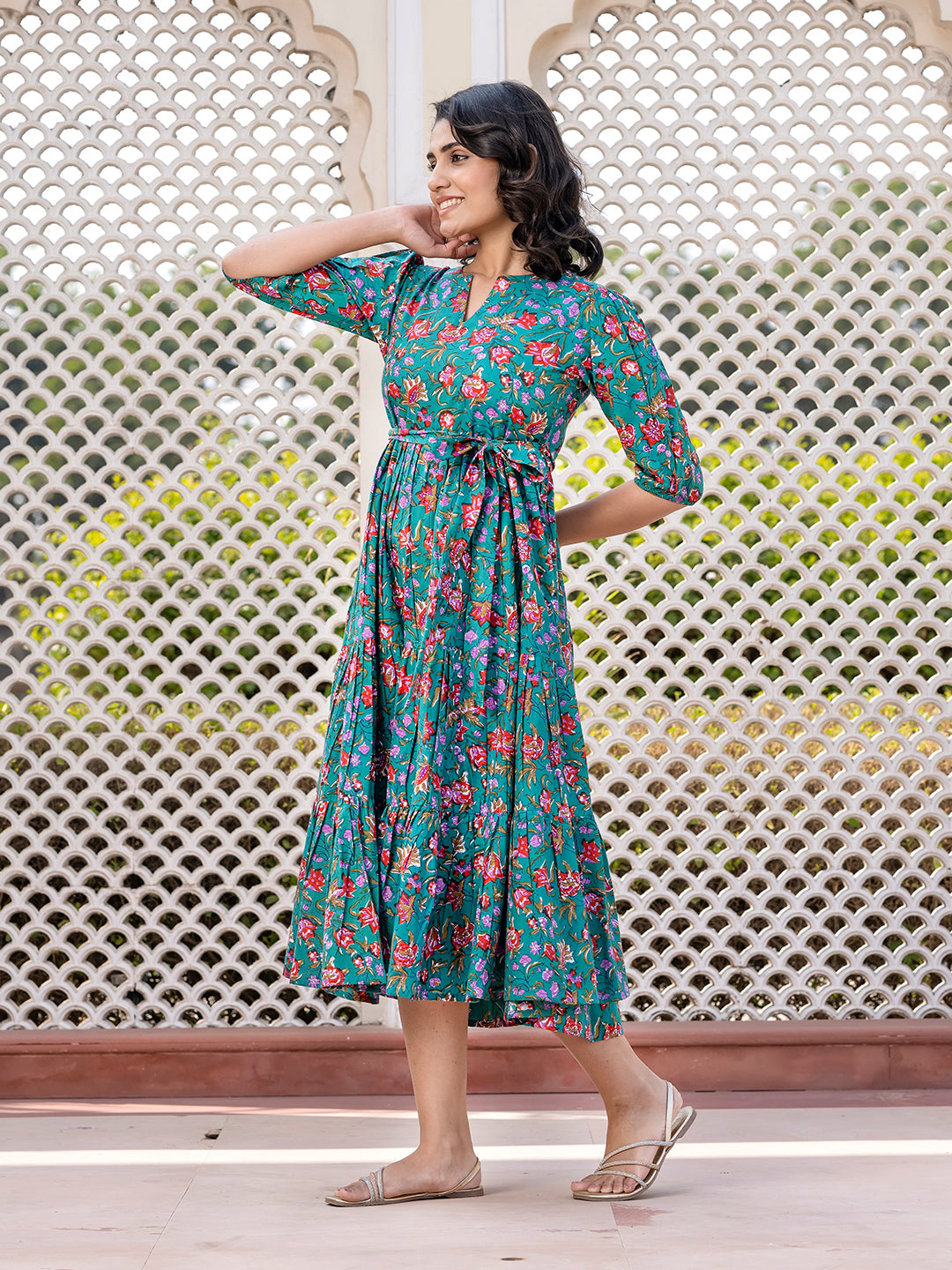 Jaitpuriya Women Turquoise Gathered or Pleated Maxi Dresses