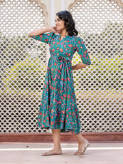 Jaitpuriya Women Turquoise Gathered or Pleated Maxi Dresses