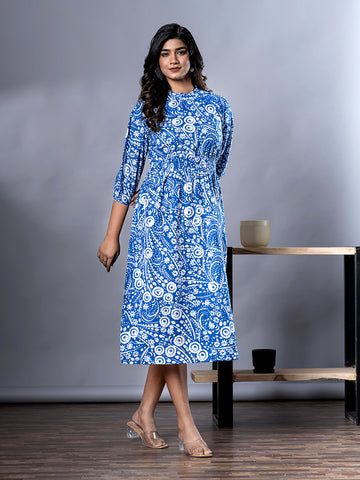 Jaitpuriya Women Blue And White Paisley Print fit & flare Dresses
