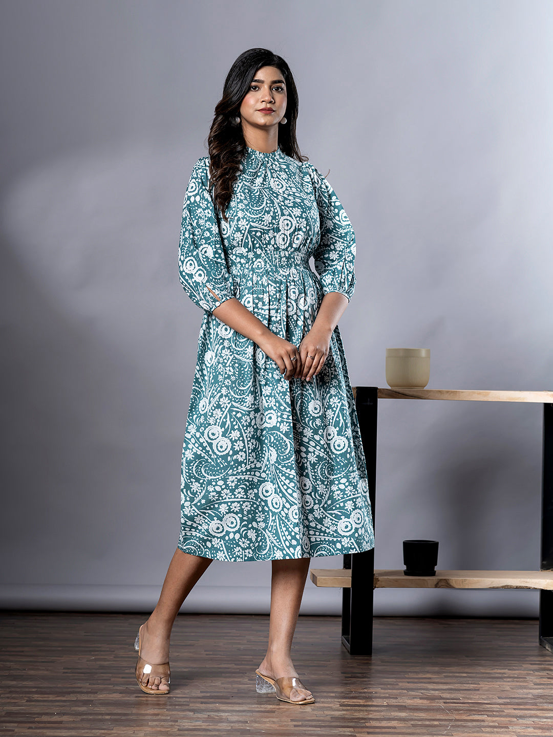 Jaitpuriya Women Turquoise And White Paisley Print fit & flare Dresses