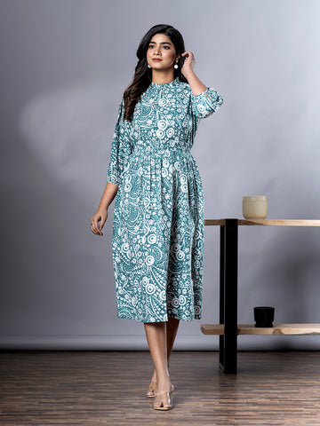 Jaitpuriya Women Turquoise And White Paisley Print fit & flare Dresses