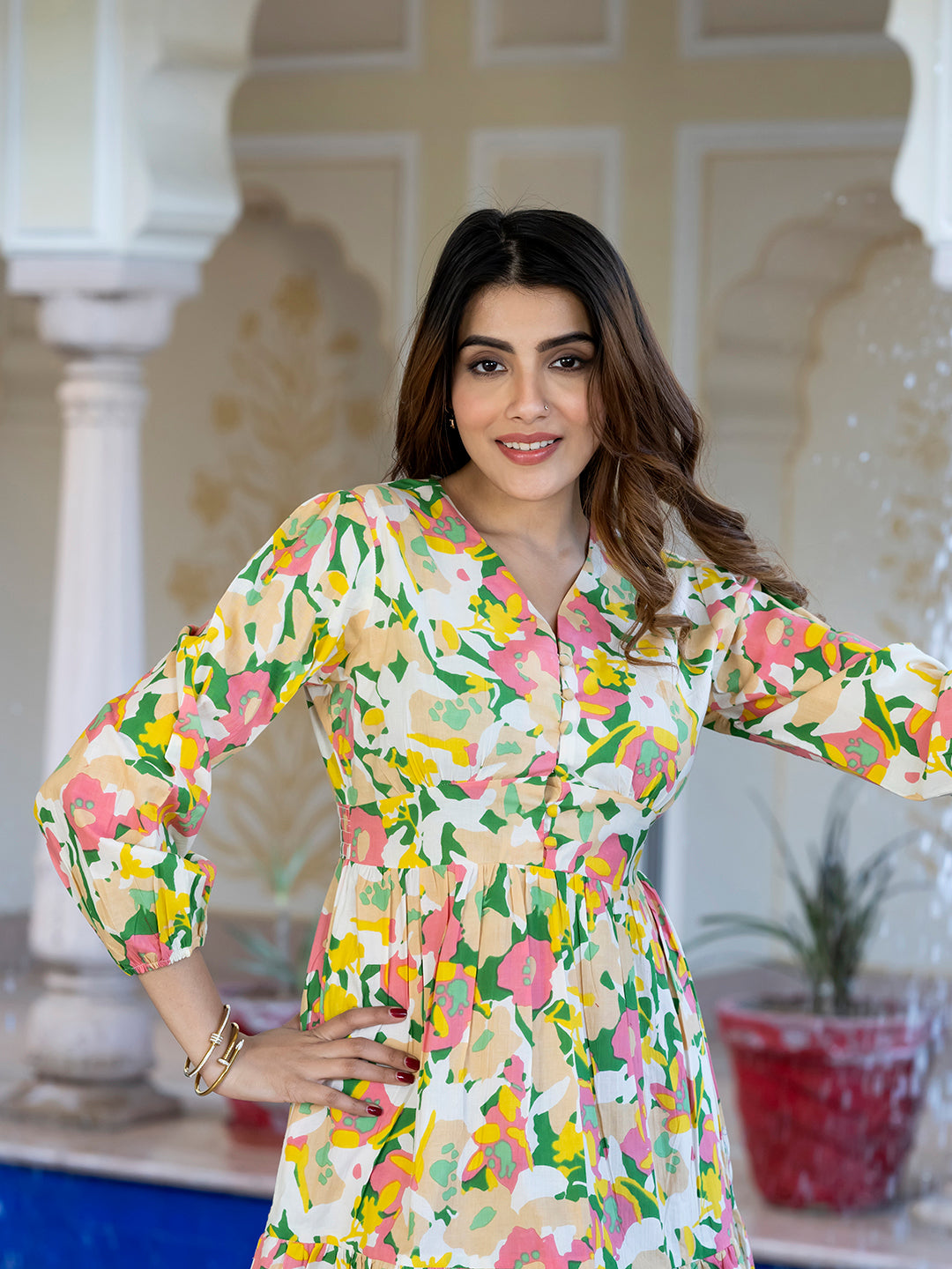 Jaitpuriya Women Yellow and Green Floral Print Fit and Flare Dress
