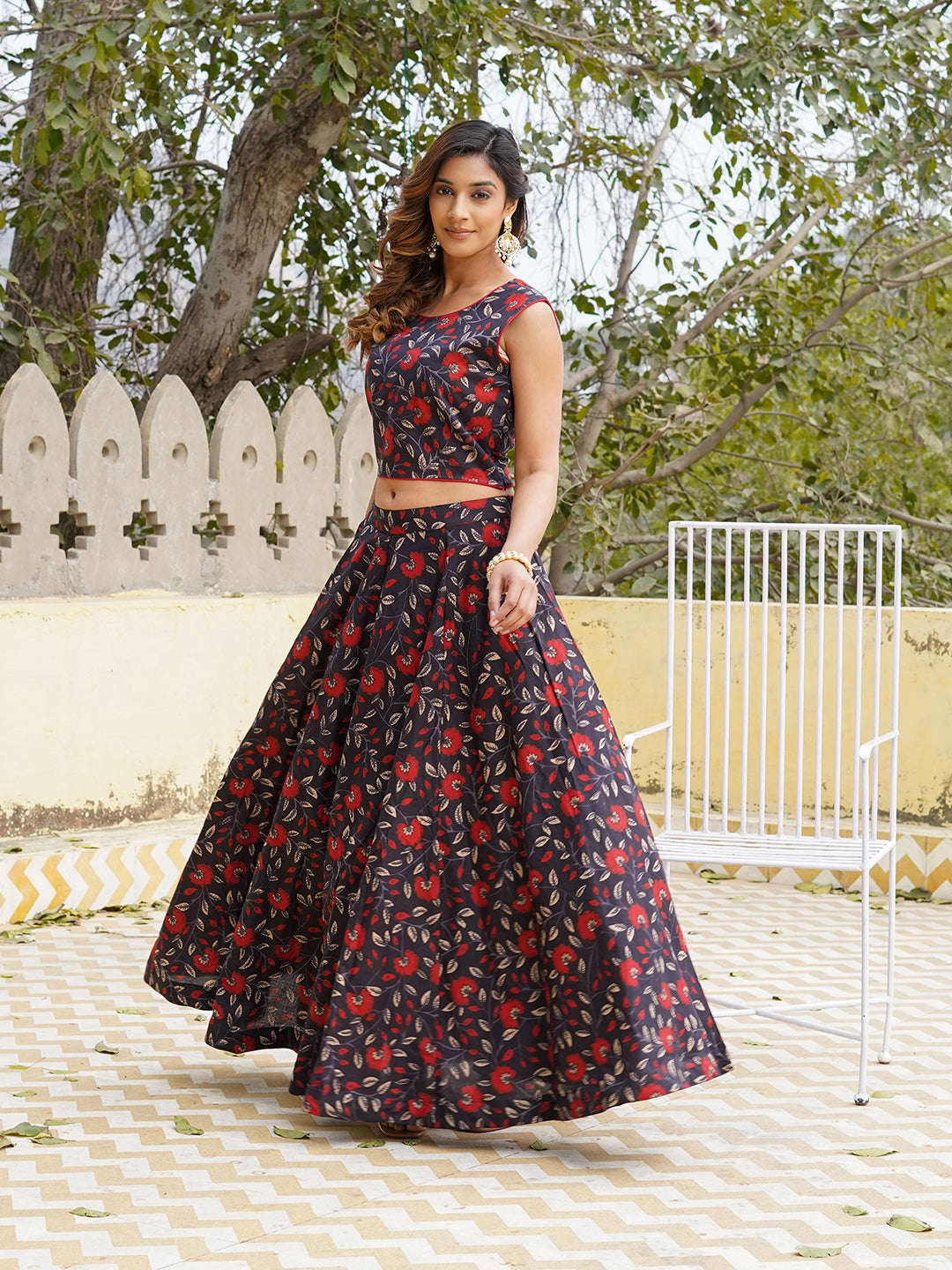Black Floral Printed Ready to Wear Cotton Lehenga Choli With Dupatta