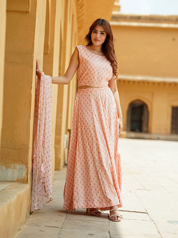 Jaitpuriya Cream Gold Print Lehenga Choli With Dupatta