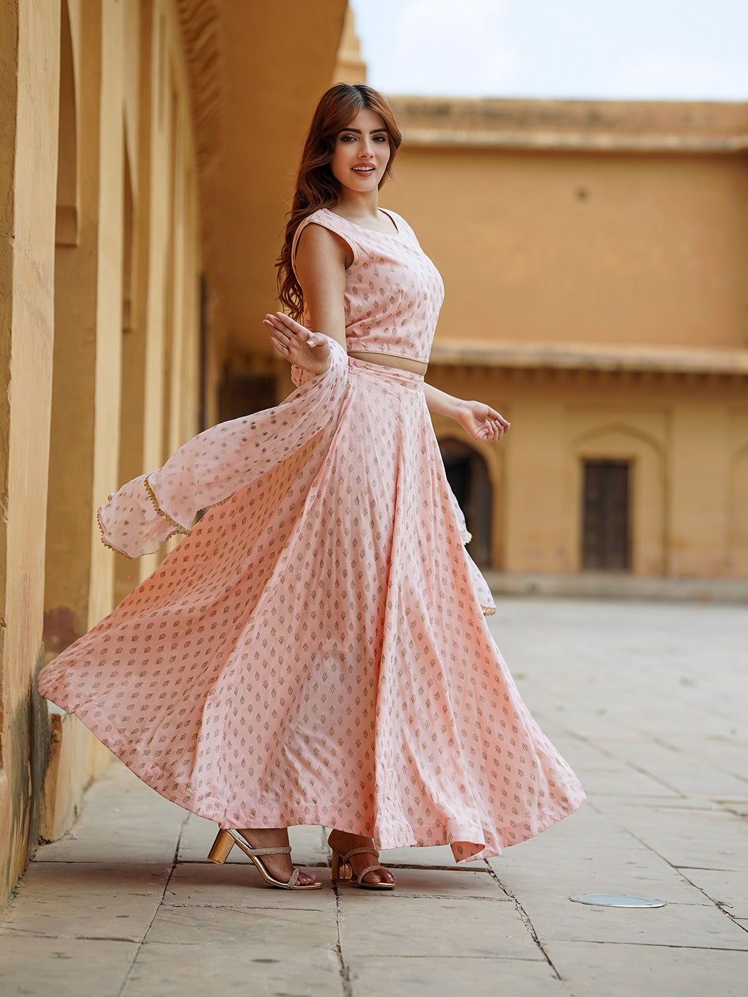 Jaitpuriya Cream Gold Print Lehenga Choli With Dupatta