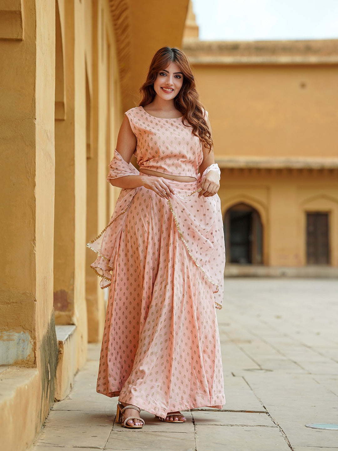 Jaitpuriya Cream Gold Print Lehenga Choli With Dupatta