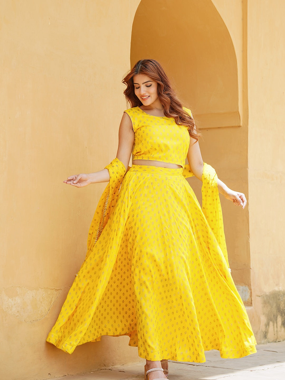 Jaitpuriya Yellow Gold Print Lehenga Choli With Dupatta