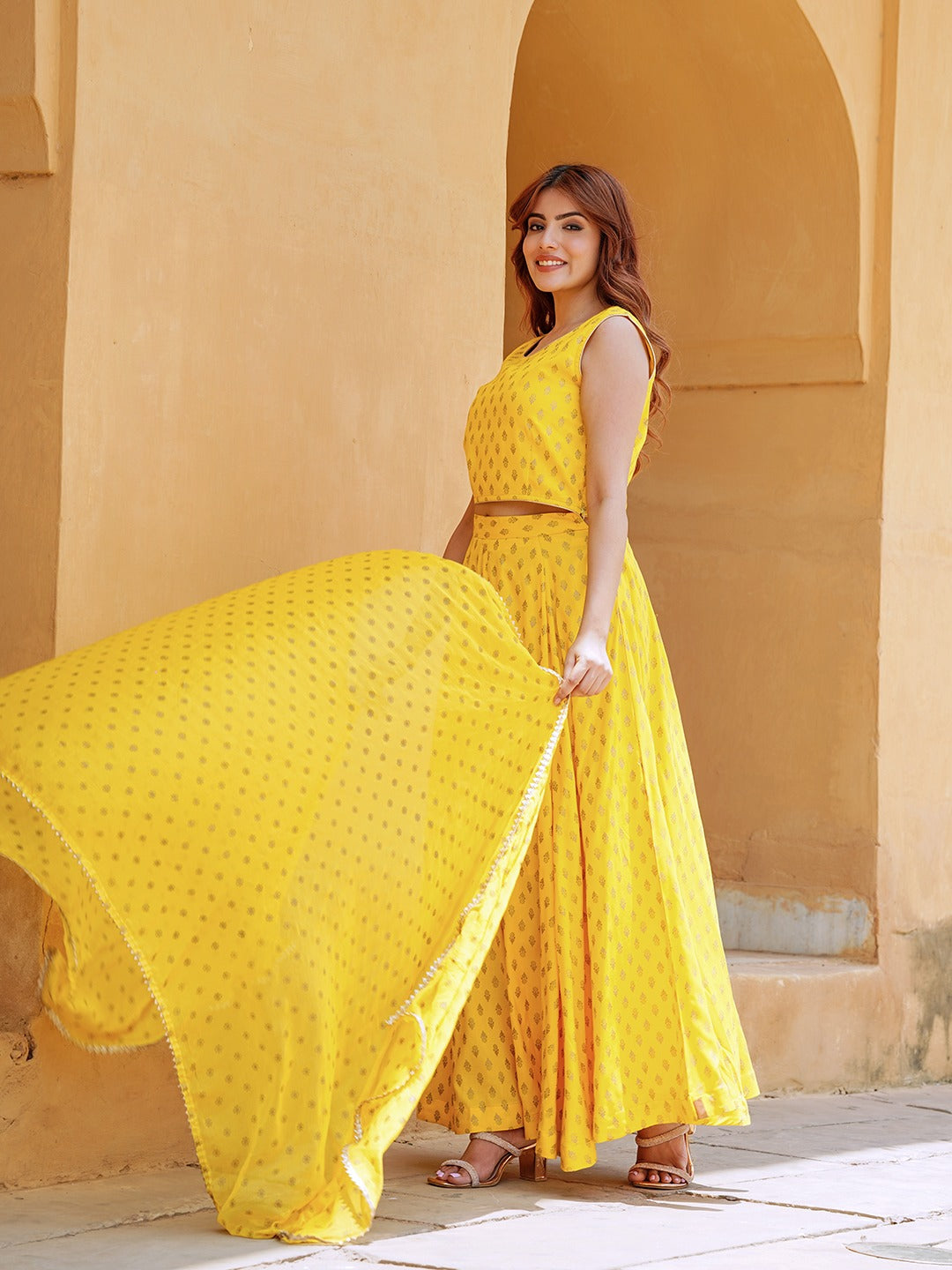 Jaitpuriya Yellow Gold Print Lehenga Choli With Dupatta