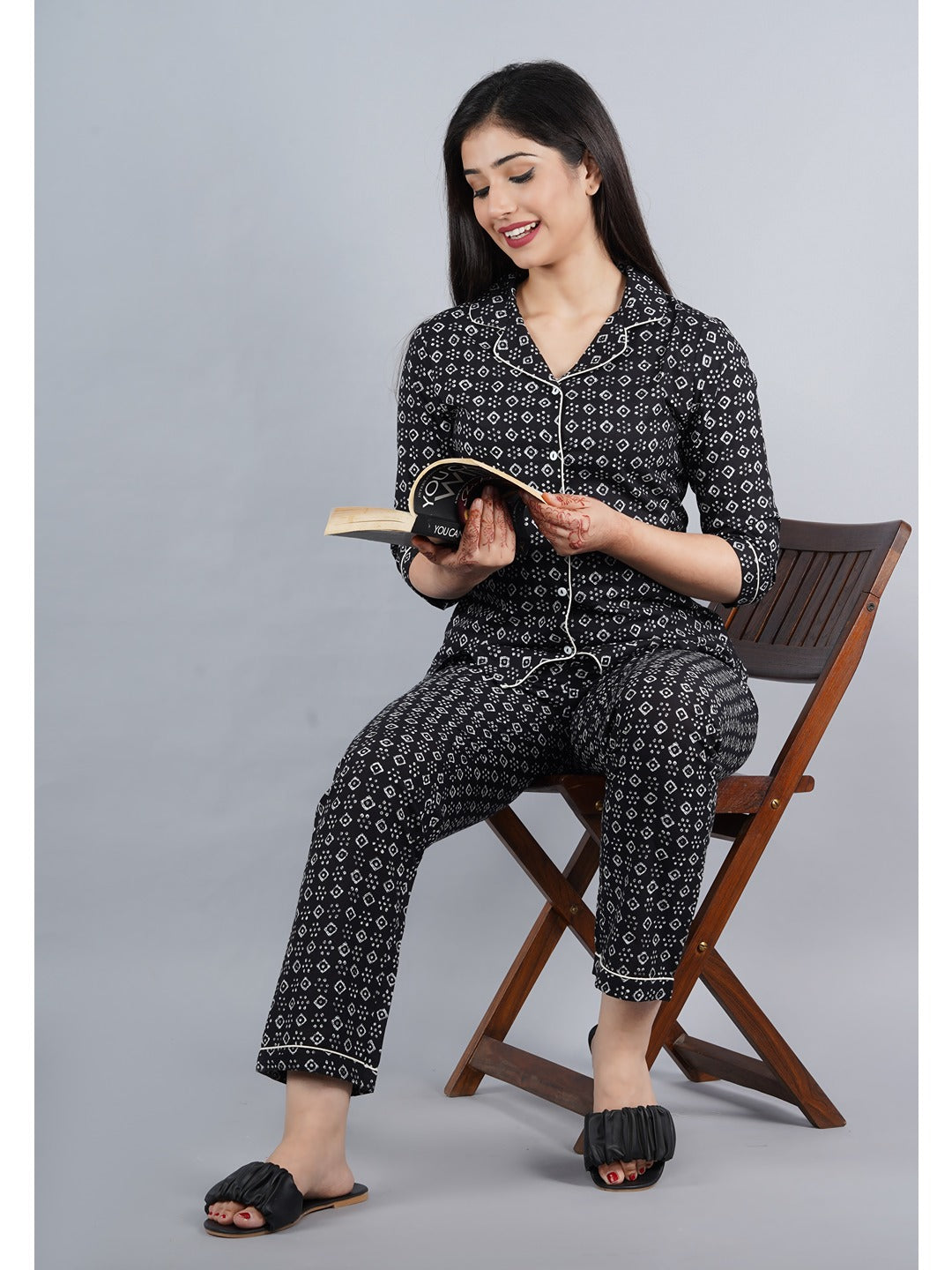 Black Abstract Shirt And Pyjama Night Suit
