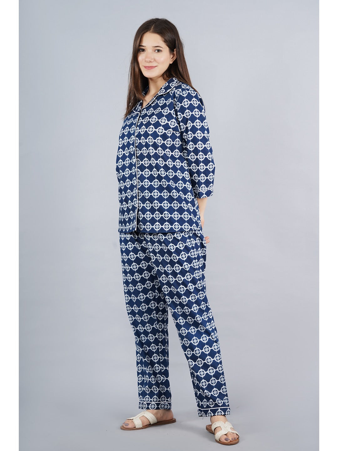 Blue Abstract Shirt And Pyjama Night Suit