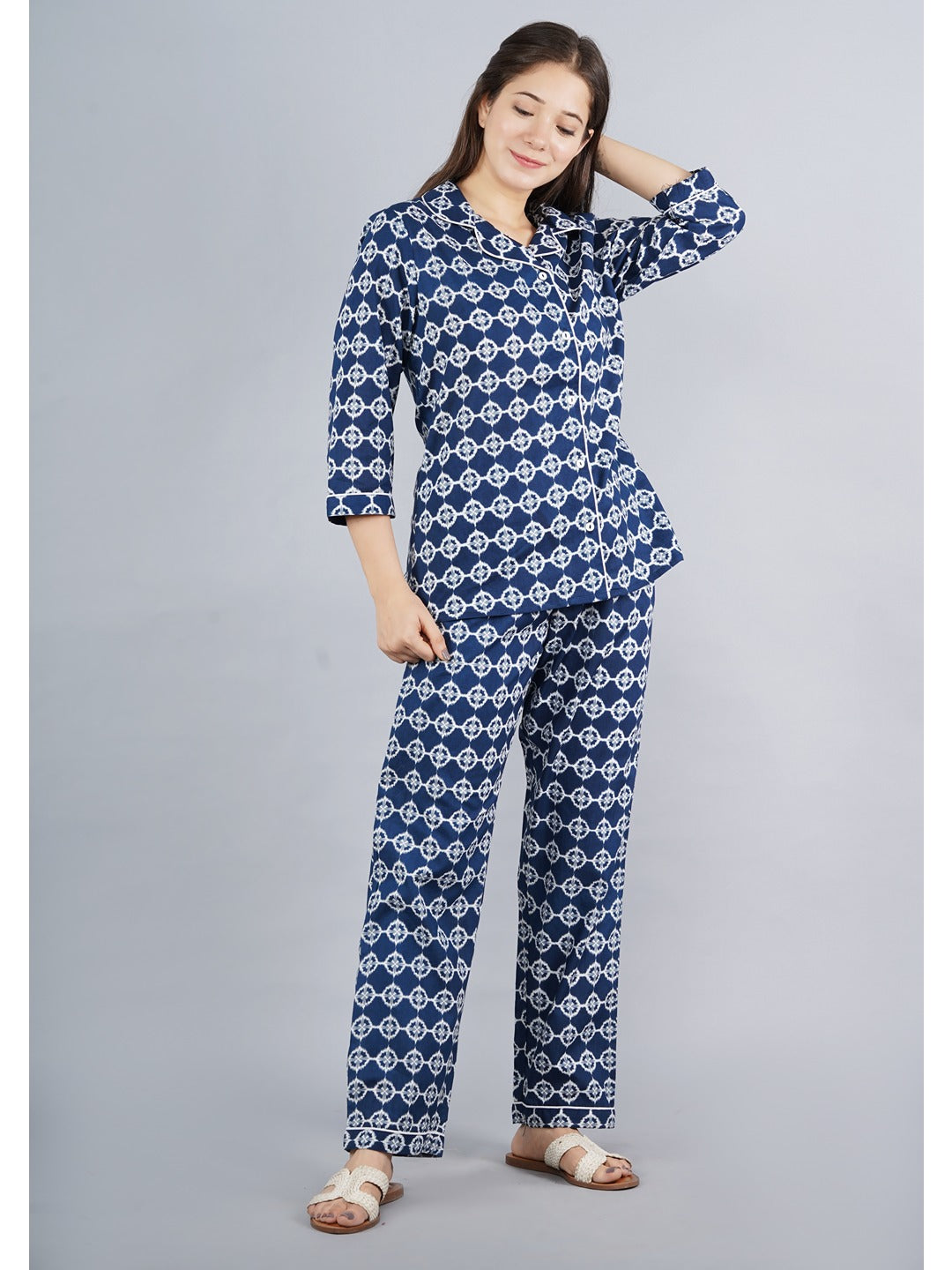 Blue Abstract Shirt And Pyjama Night Suit