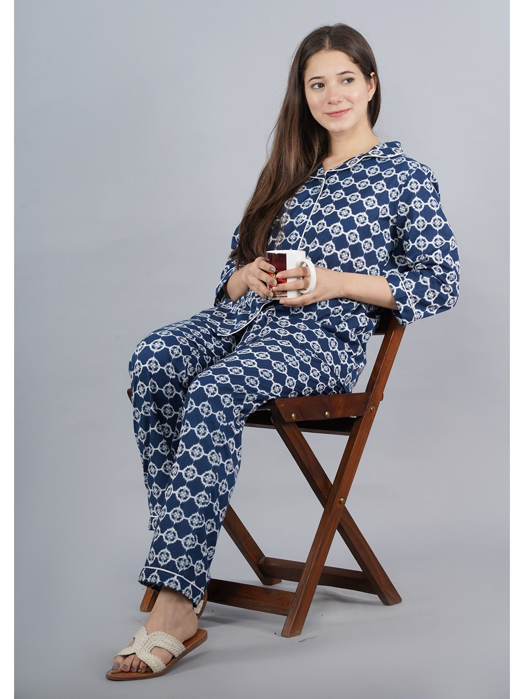 Blue Abstract Shirt And Pyjama Night Suit