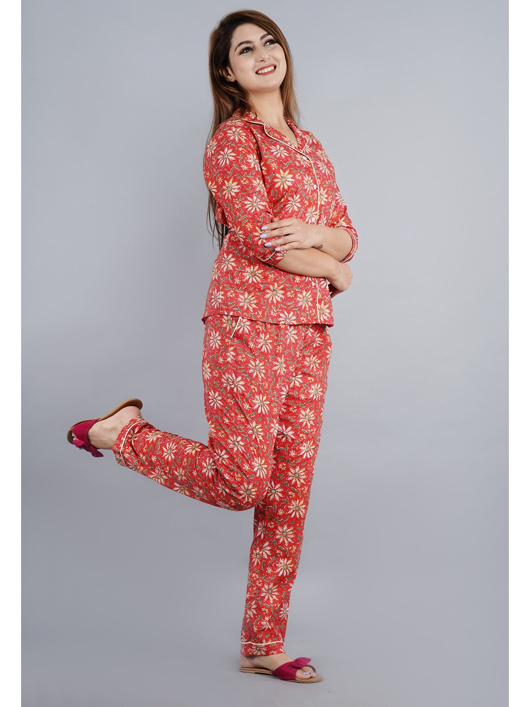Red Abstract Shirt And Pyjama Night Suit