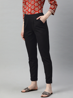 Black Mid Rise Plain Relaxed Cotton Slim Fit Pleated Trousers