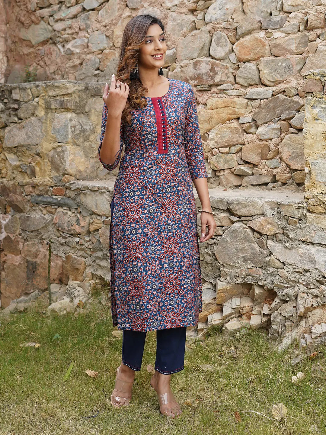 Jaitpuriya Women Blue And Rust Printed A-Line Kurta Pant Set