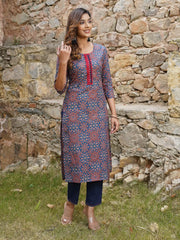 Jaitpuriya Women Blue And Rust Printed A-Line Kurta Pant Set