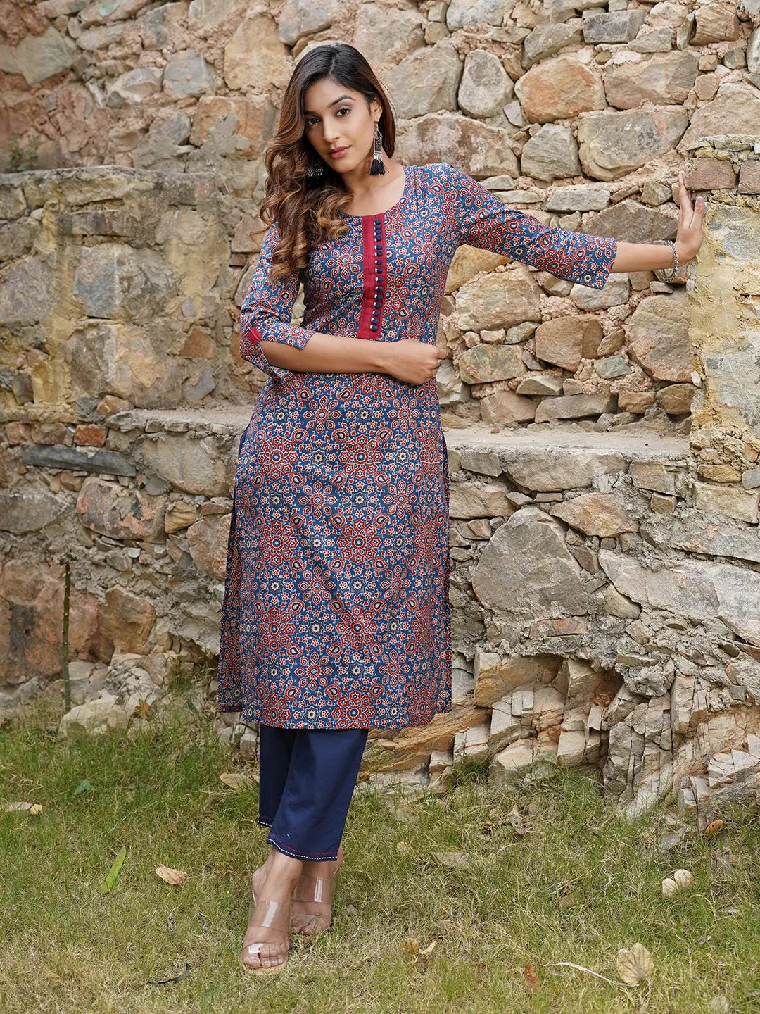 Jaitpuriya Women Blue And Rust Printed A-Line Kurta Pant Set