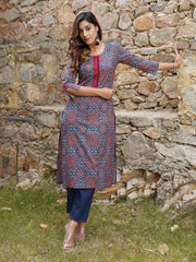 Jaitpuriya Women Blue And Rust Printed A-Line Kurta Pant Set
