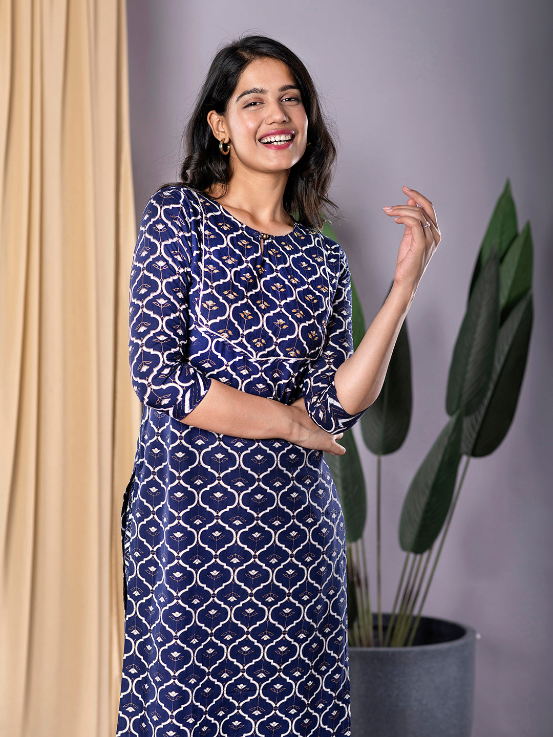Navy Blue 3/4Th Sleeve Cotton Straight Kurta main image 0