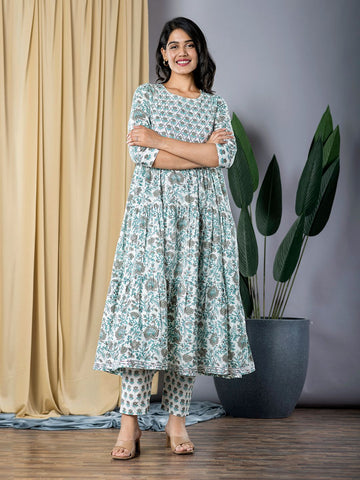 Jaitpuriya Women Grey And Turquoise Anarkali Kurta With Trouser Set Set