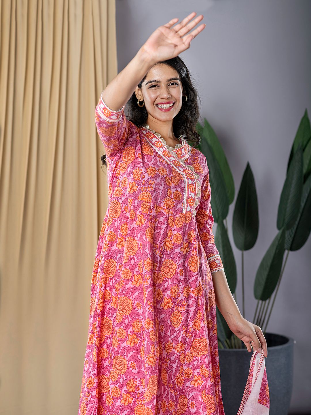 Pink Floral Print Anarkali Kurta With Trouser Set