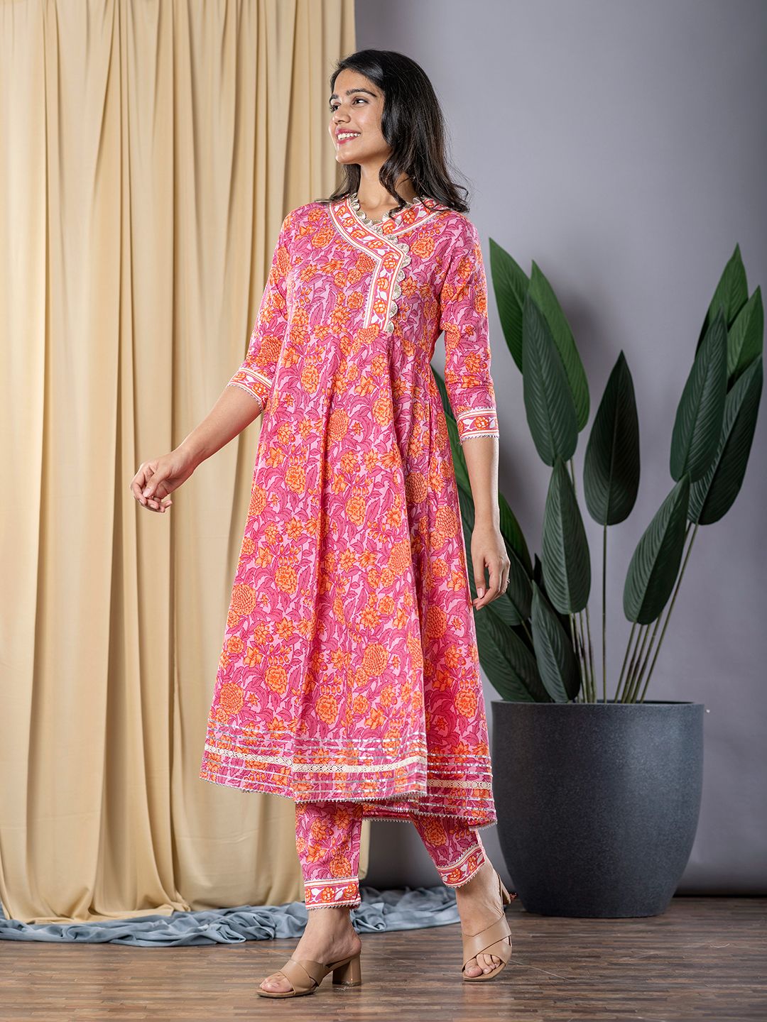 Pink Floral Print Anarkali Kurta With Trouser Set