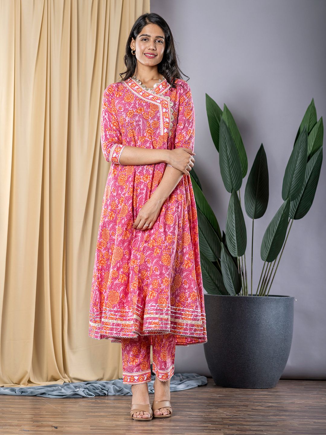 Pink Floral Print Anarkali Kurta With Trouser Set