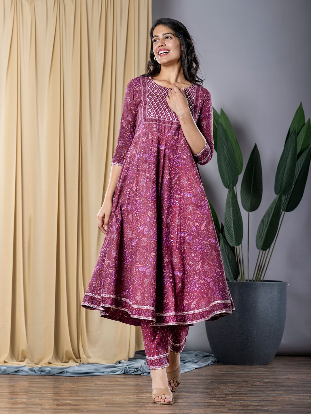 Mauve Anarkali Kurta With Trouser Set