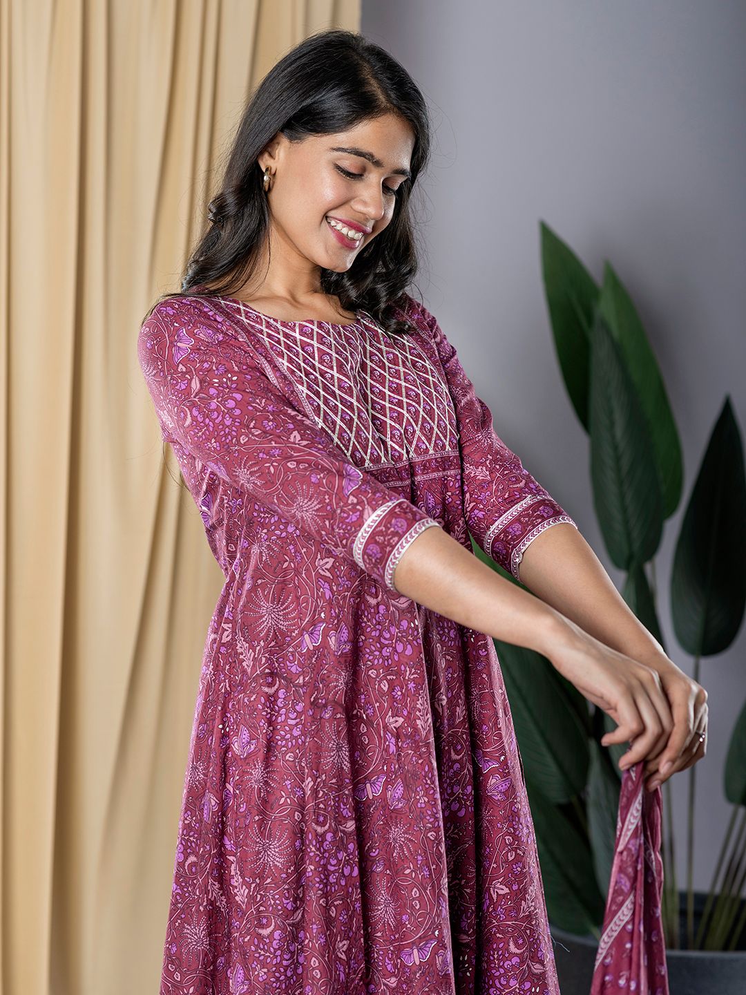 Mauve Anarkali Kurta With Trouser Set