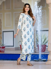 Jaitpuriya Women Off White and Sky Blue Kurta Palazzo Set