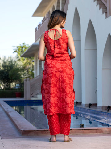 Jaitpuriya Women's Red Pure Cotton Floral Printed Kurta Set