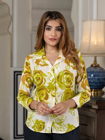 Jaitpuriya Women Green And White Pure Cotton Shirt Shirts