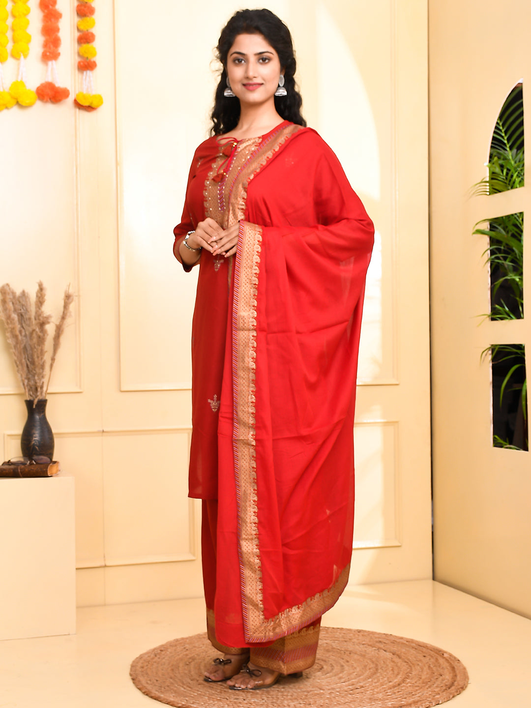 Jaitpuriya Women Maroon golden Straight Kurta Palazzo and Dupatta Set