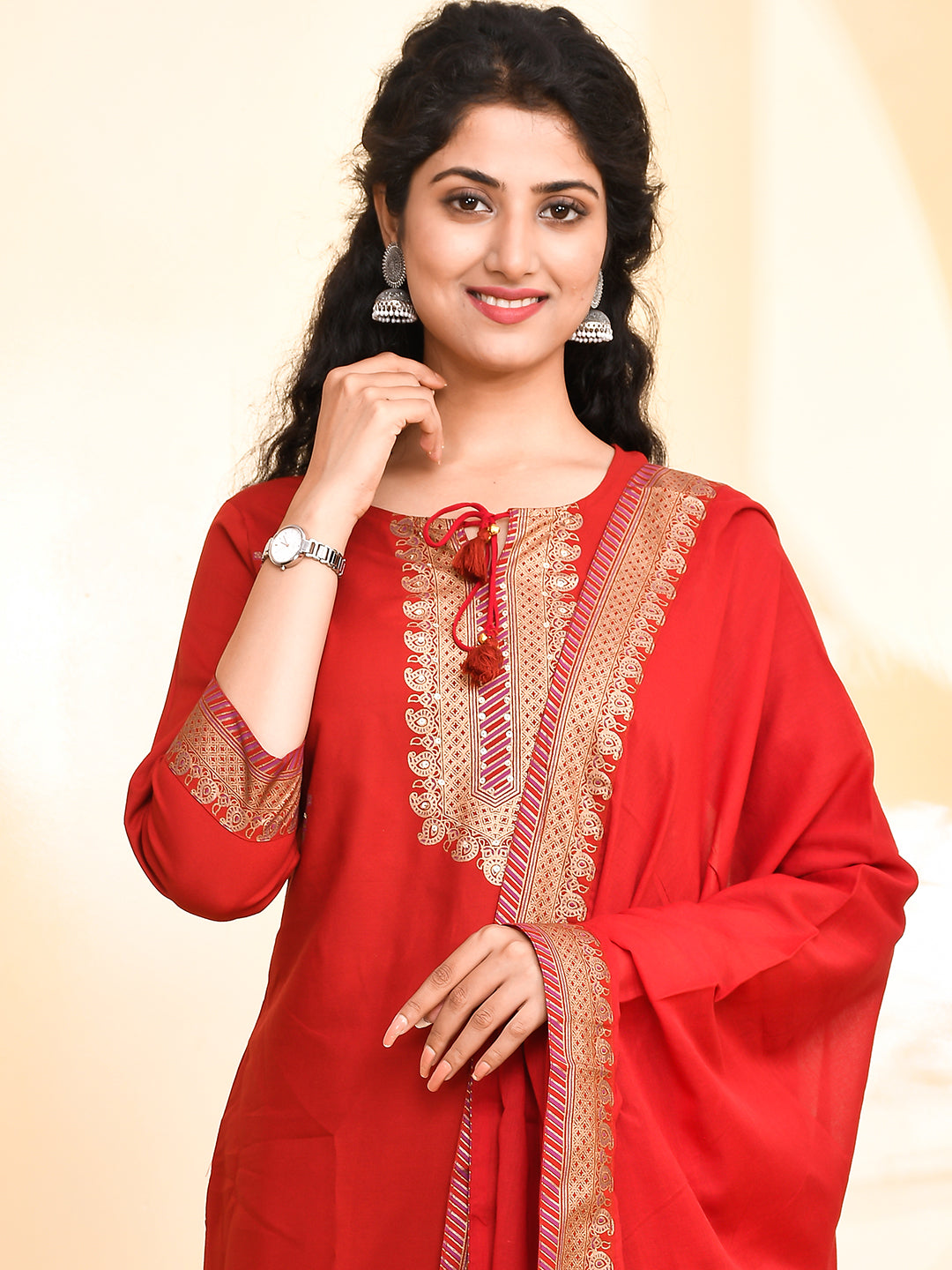 Jaitpuriya Women Maroon golden Straight Kurta Palazzo and Dupatta Set