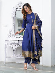 Blue Mandarin Collar Ethnic Motifs Printed Regular Kurta with Trousers & With Dupatta Set