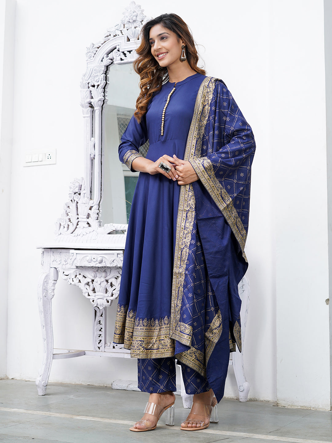 Blue Mandarin Collar Ethnic Motifs Printed Regular Kurta with Trousers & With Dupatta Set