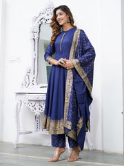 Blue Mandarin Collar Ethnic Motifs Printed Regular Kurta with Trousers & With Dupatta Set