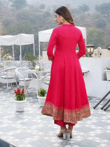 Pink Mandarin Collar Ethnic Motifs Printed Regular Kurta with Trousers & With Dupatta Set