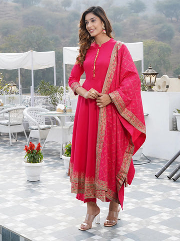Pink Mandarin Collar Ethnic Motifs Printed Regular Kurta with Trousers & With Dupatta Set