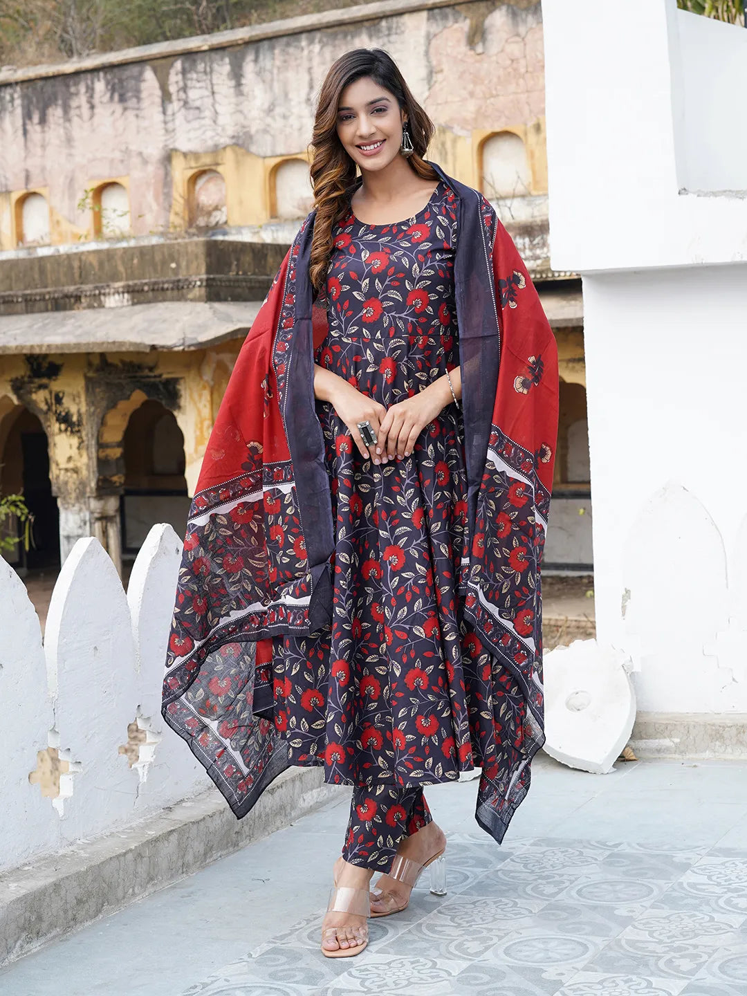 Jaitpuriya Women Navy blue Floral Print Anarkali Kurta Trouser and Dupatta Set