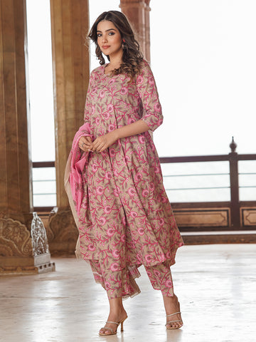 Jaitpuriya Women Cream Floral Anarkali Kurta Pant and Dupatta Set