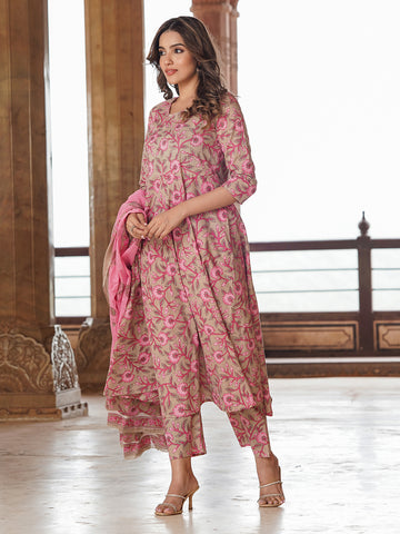 Jaitpuriya Women Cream Floral Anarkali Kurta Pant and Dupatta Set