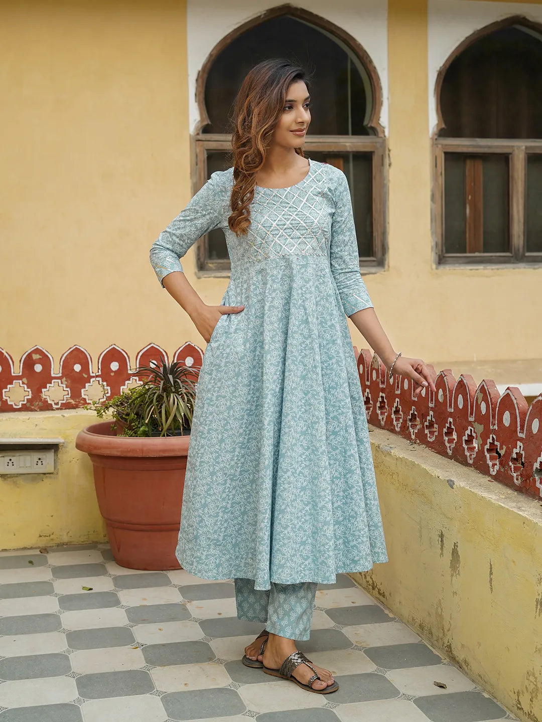 Jaitpuriya Women Light Blue Floral Anarkali Kurta Pant and Dupatta Set