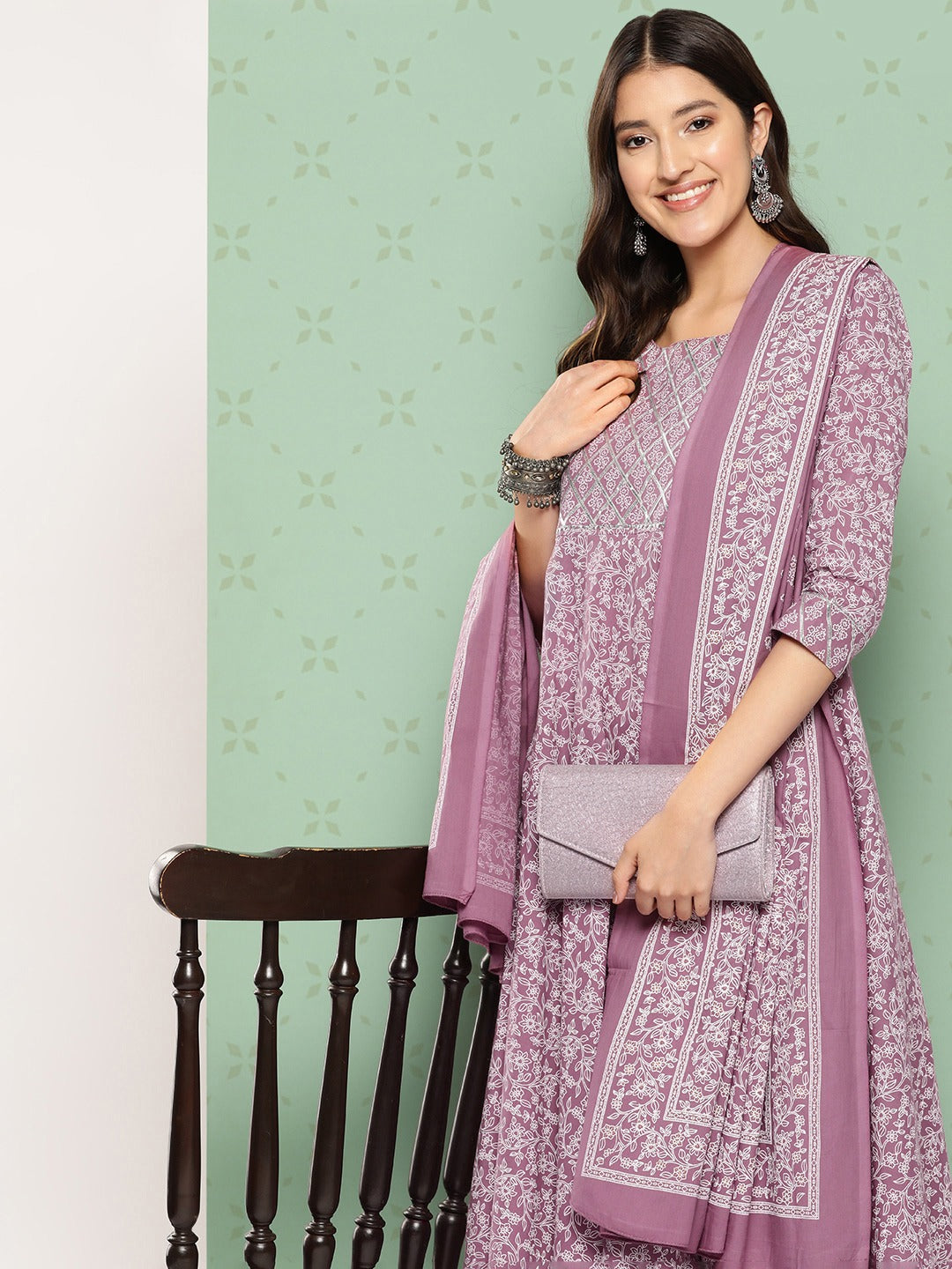 Jaitpuriya Women Mauve Floral Anarkali Kurta Pant and Dupatta Set