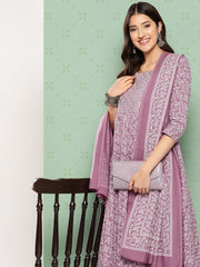 Jaitpuriya Women Mauve Floral Anarkali Kurta Pant and Dupatta Set