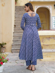 Jaitpuriya Women Blue Floral Anarkali Kurta Pant and Dupatta Set