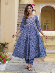 Jaitpuriya Women Blue Floral Anarkali Kurta Pant and Dupatta Set