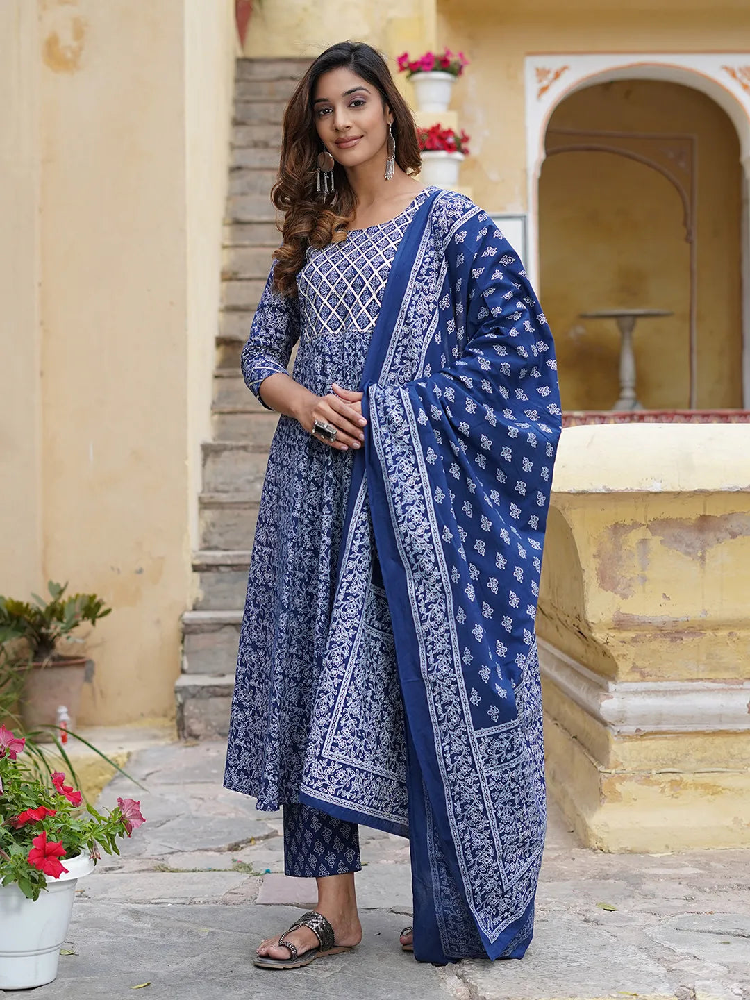 Jaitpuriya Women Blue Floral Anarkali Kurta Pant and Dupatta Set
